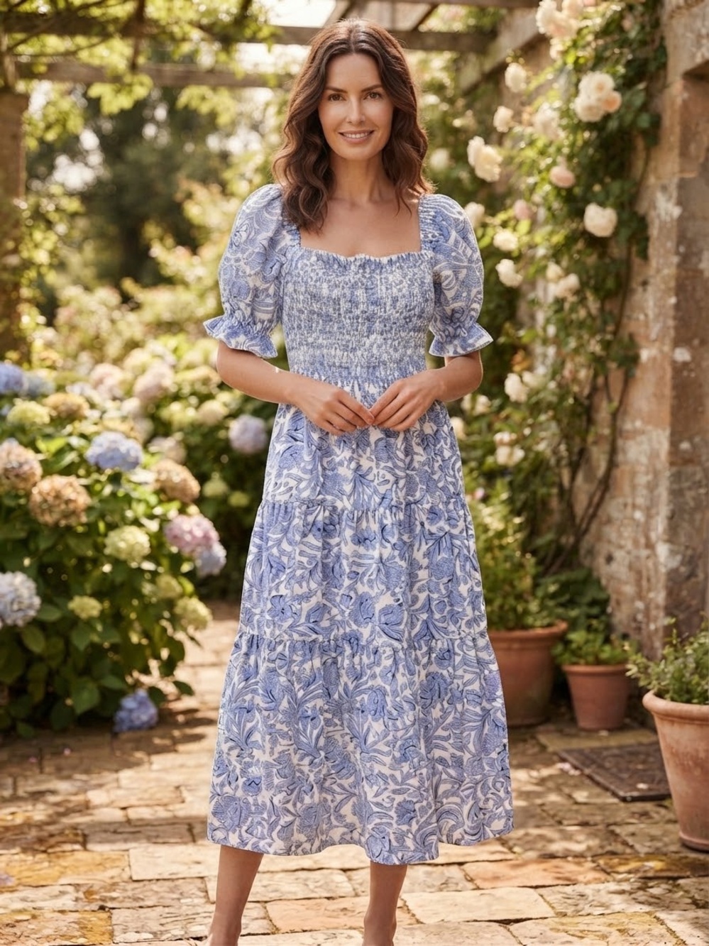 Heyson Blue Floral Smocked Midi Dress with Puff Sleeves